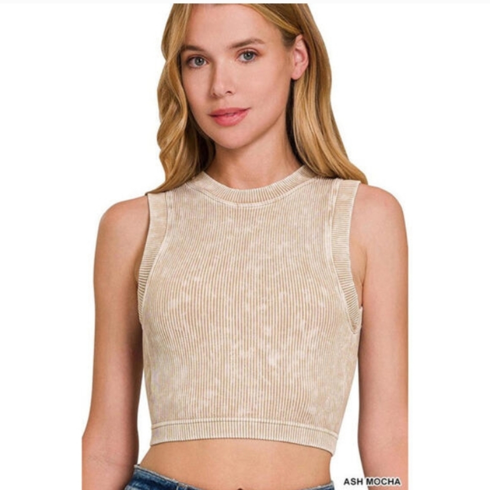New Ash Mocha Ribbed Crop Muscle Tank